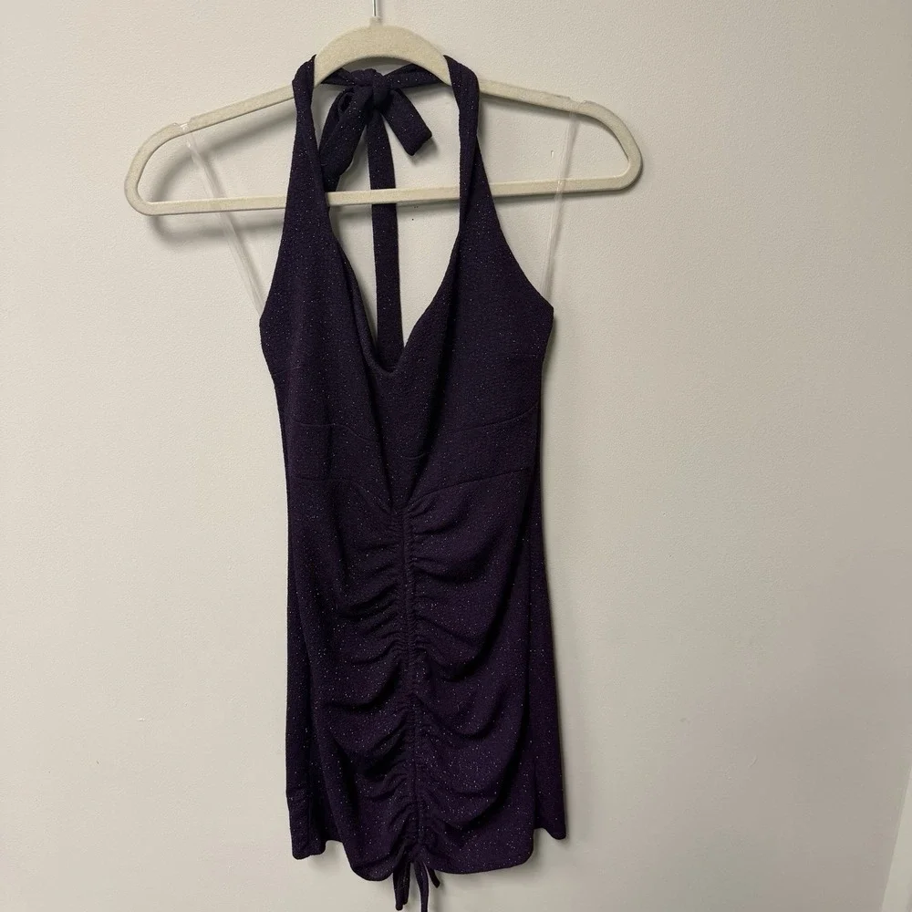 Jacaranda Purple Sparkle Large Mini Halter Bodycon Ruched Cocktail Club Dress - Picture 1 of 9